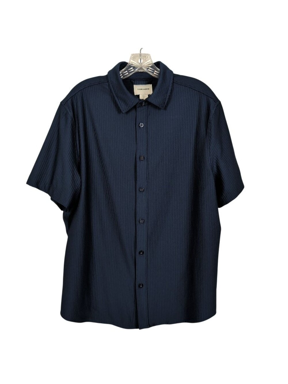 Thom Aaron Men L Navy Textured Stretch Button Front Shirt Short Sleeve Size L